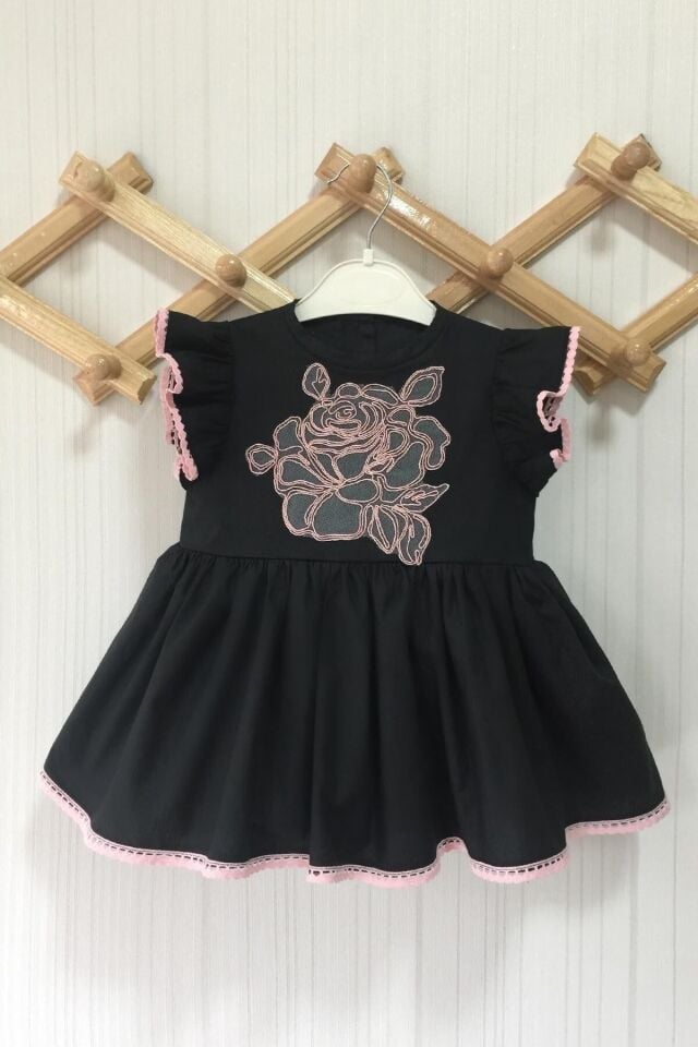 Gül Aplike Ve Dantel Detaylı Kız Çocuk Bebek Siyah Pamuklu Elbise