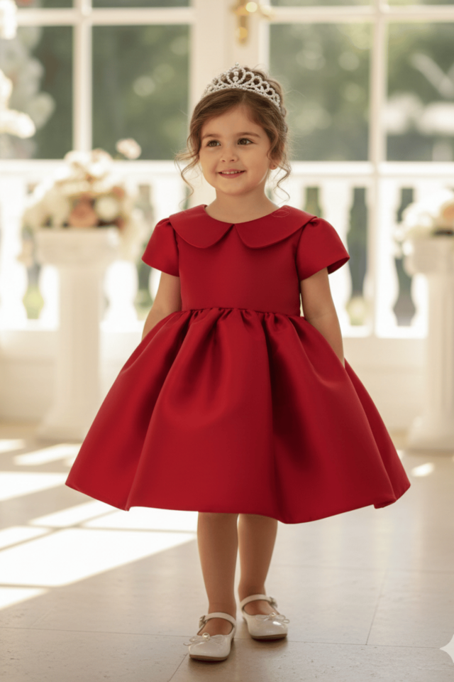 Kırmızı Bebe Yaka Kız Çocuk Bebek Abiye Doğum Günü Bayramlık Elbise