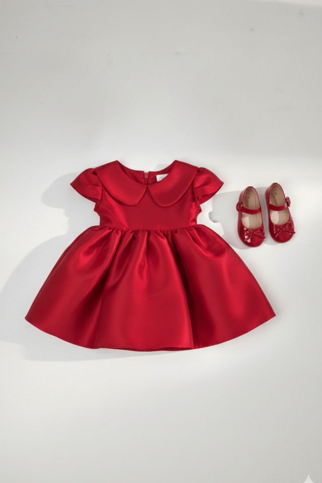 Kırmızı Bebe Yaka Kız Çocuk Bebek Abiye Doğum Günü Bayramlık Elbise