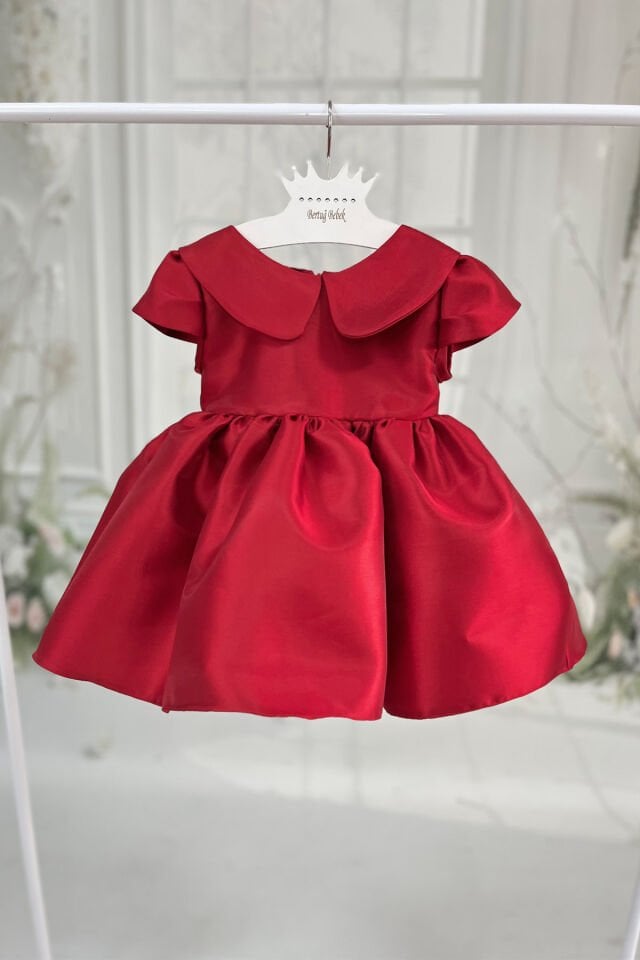 Kırmızı Mikado Bebe Yaka Kuş Kol Pamuk Astarlı Fiyonklu Abiye Elbise