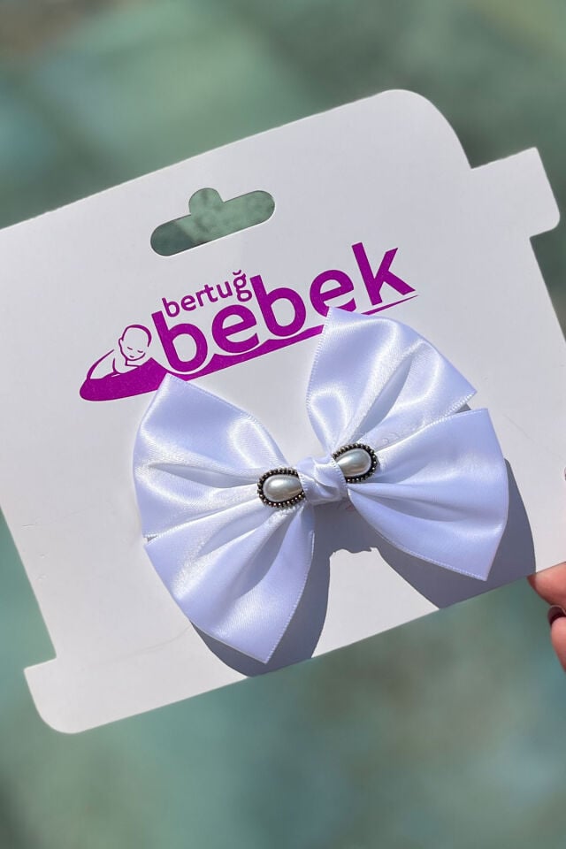 Beyaz İncili Kız Çocuk Kadın Pens Klips Saten Fiyonk Kurdele Toka
