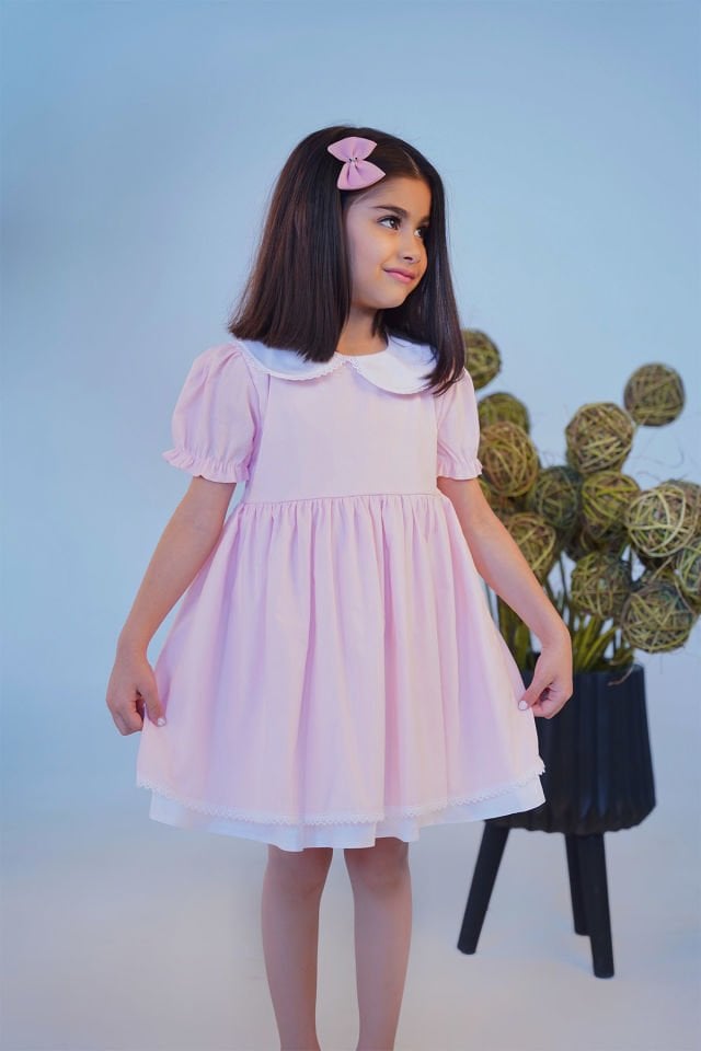 Dantel Detaylı Bebe Yaka Açık Pembe Kız Çocuk Bebek Tasarım Elbise