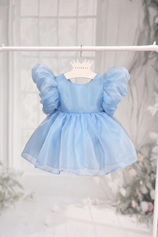 Bebe Mavi Karolin Balon Kol Pamuk Astarlı Kız Bebek Çocuk Romper Külotlu Abiye Elbise