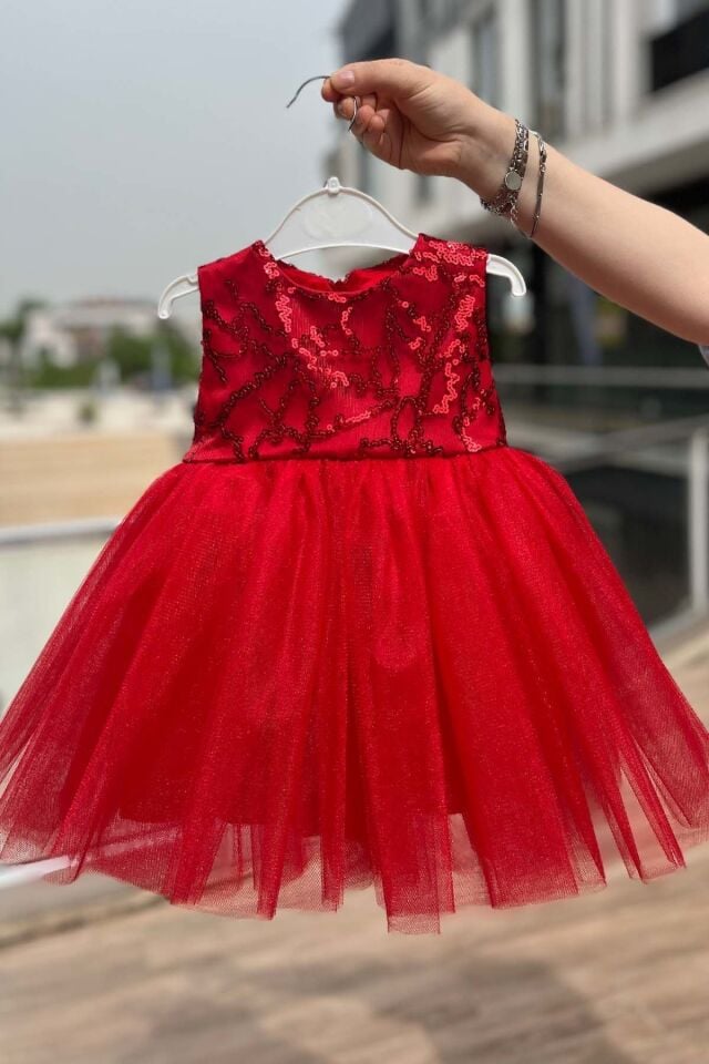 Sequin and Crystal Tulle Girl Child Baby Henna Red Mawlid Evening Dress