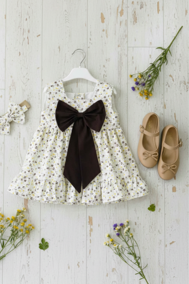 Braunes Kleid für Babymädchen mit Schleife und quadratischem Ausschnitt und Blumenmuster