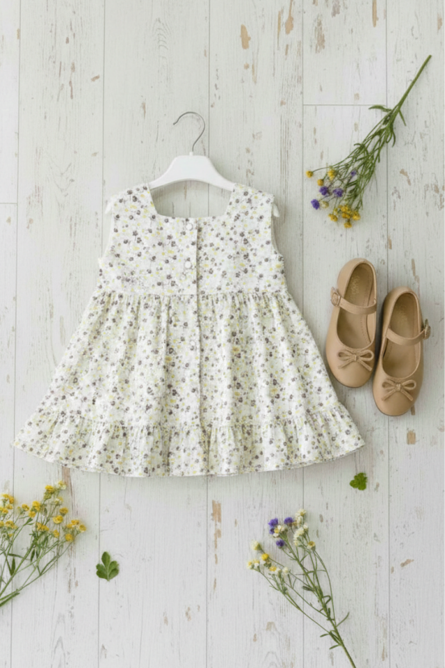 Fiyonk Detaylı Kare Yaka Çiçekli Kahverengi Kız Çocuk Bebek Elbise