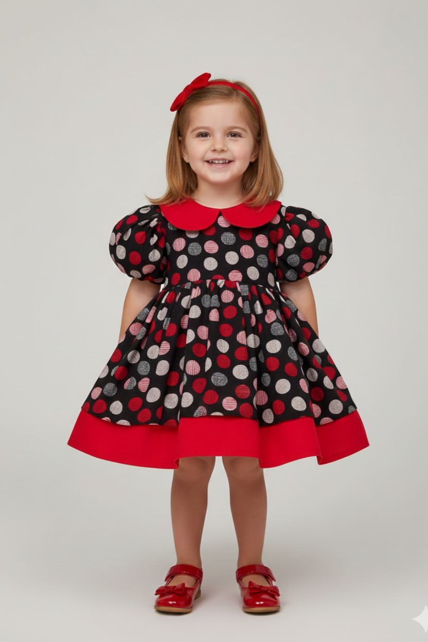 Puantiyeli Çok Renkli Kırmızı Kız Çocuk Bebek Pamuklu Kabarık Elbise