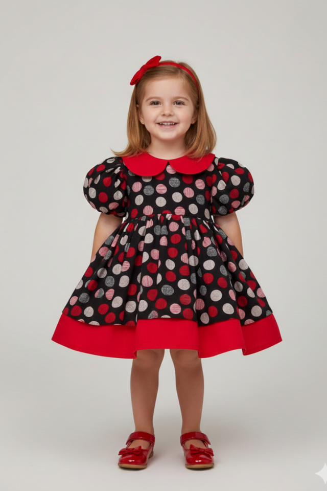 Puantiyeli Çok Renkli Kırmızı Kız Çocuk Bebek Pamuklu Kabarık Elbise