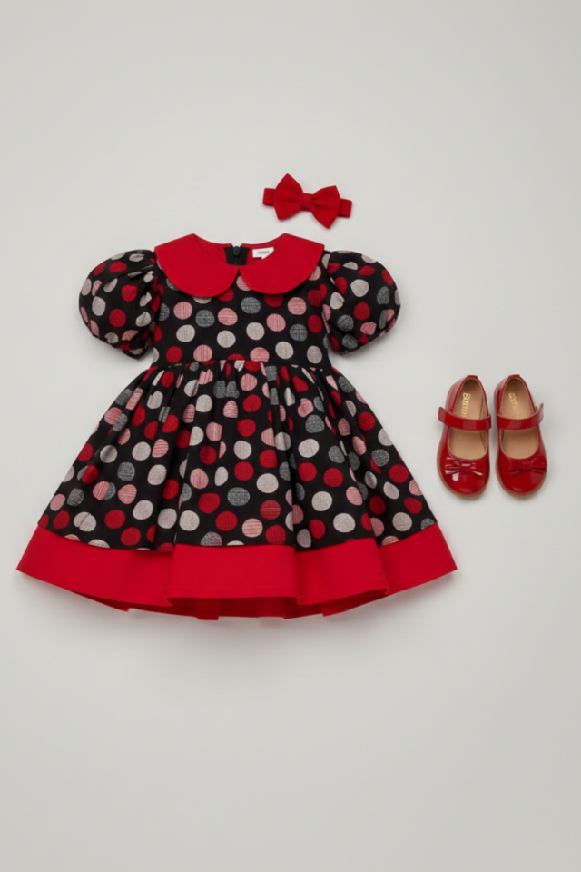 Puantiyeli Çok Renkli Kırmızı Kız Çocuk Bebek Pamuklu Kabarık Elbise