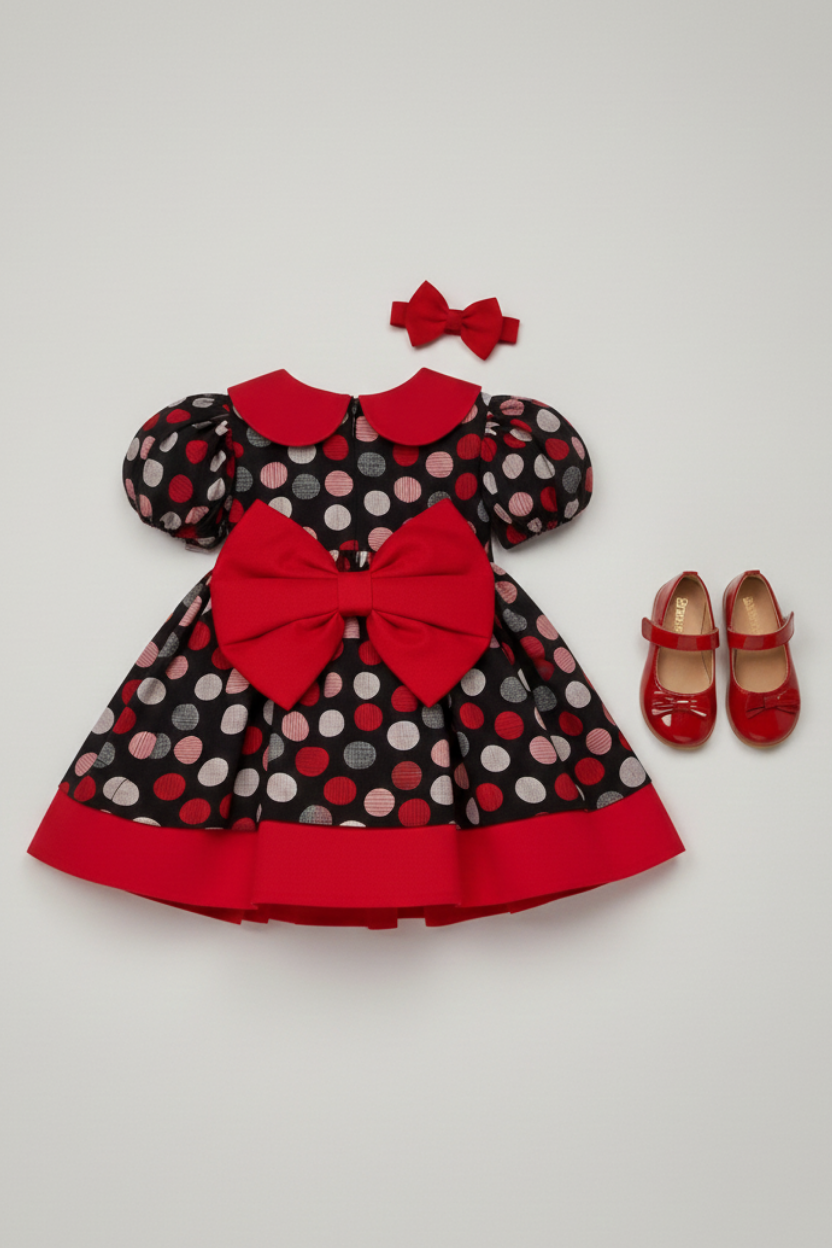 Puantiyeli Çok Renkli Kırmızı Kız Çocuk Bebek Pamuklu Kabarık Elbise