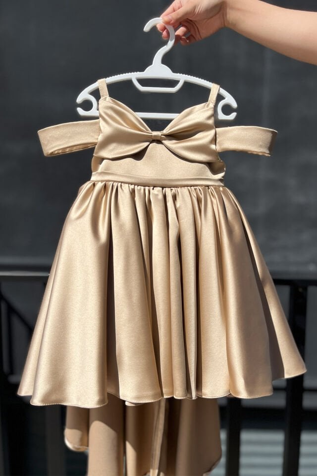 Camel Kahve Kız Çocuk Bebek Abiye Saten Kuyruklu Elbise