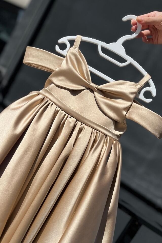 Camel Kahve Kız Çocuk Bebek Abiye Saten Kuyruklu Elbise