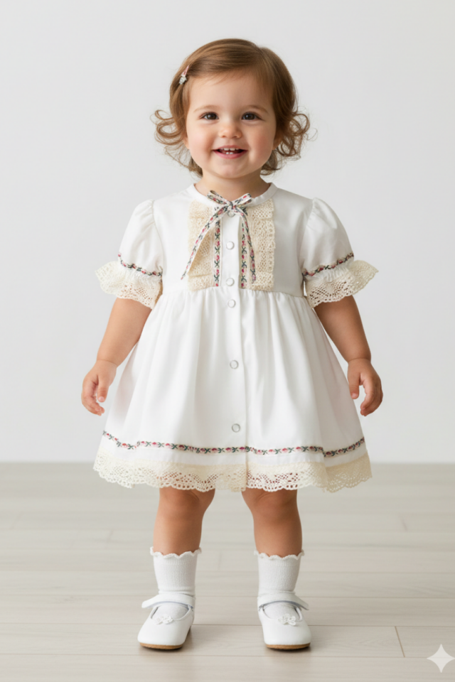 Lace Detailed Ribbon Short Sleeve Ecru Girl Baby Cotton Dress