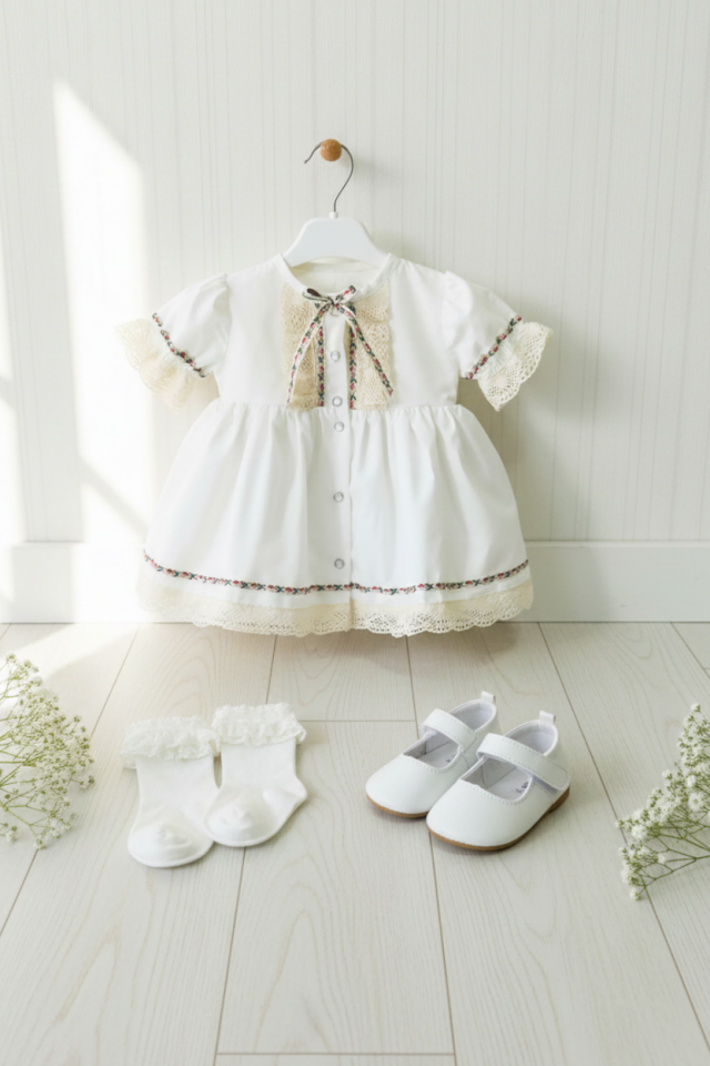 Lace Detailed Ribbon Short Sleeve Ecru Girl Baby Cotton Dress