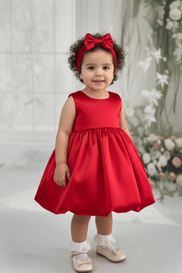 Balon Etek Kız Çocuk Bebek Abiye Saten Kırmızı Elbise