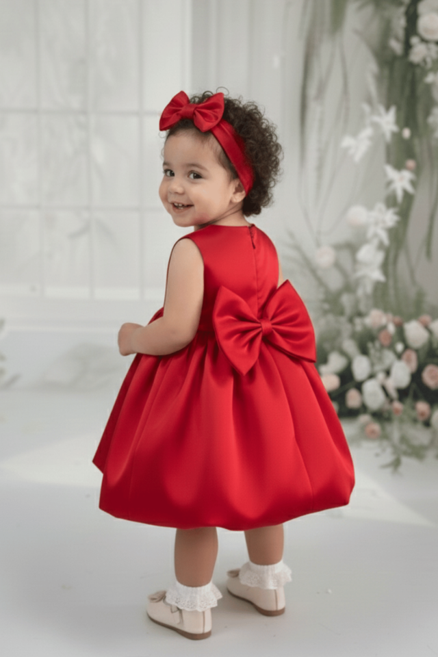 Balon Etek Kız Çocuk Bebek Saten Kırmızı Abiye Kolsuz Elbise