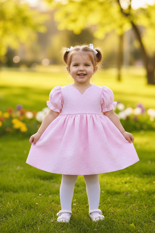 Rosa Kleid aus Crêpe mit Prägung und Muster für Babys