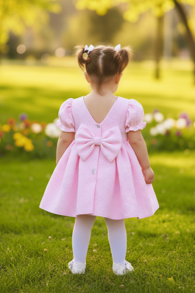 Rosa Kleid aus Crêpe mit Prägung und Muster für Babys