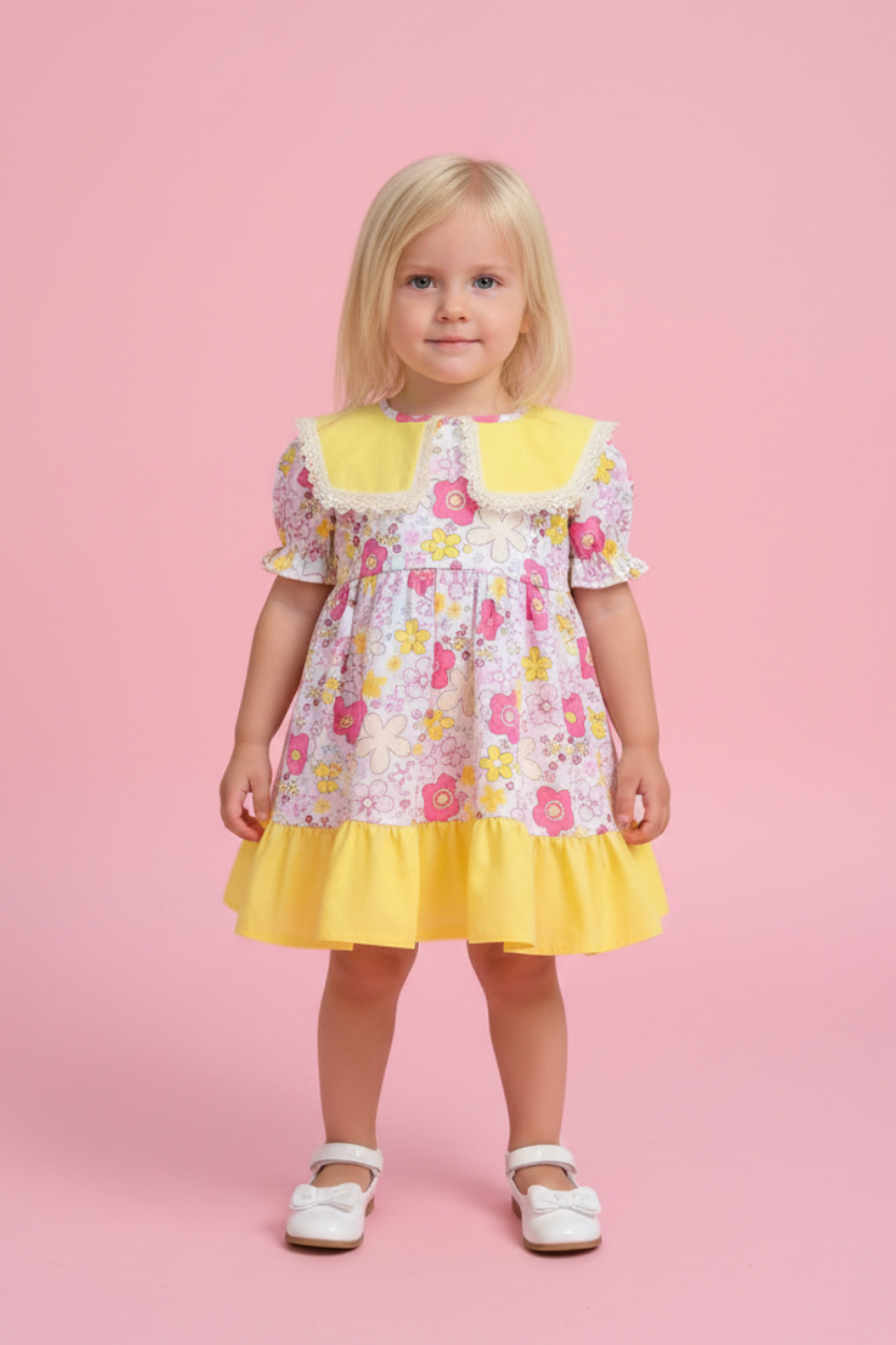 Dantel Detaylı Bahriye Yaka Çiçekli Renkli Sarı Kız Çocuk Bebek Elbise
