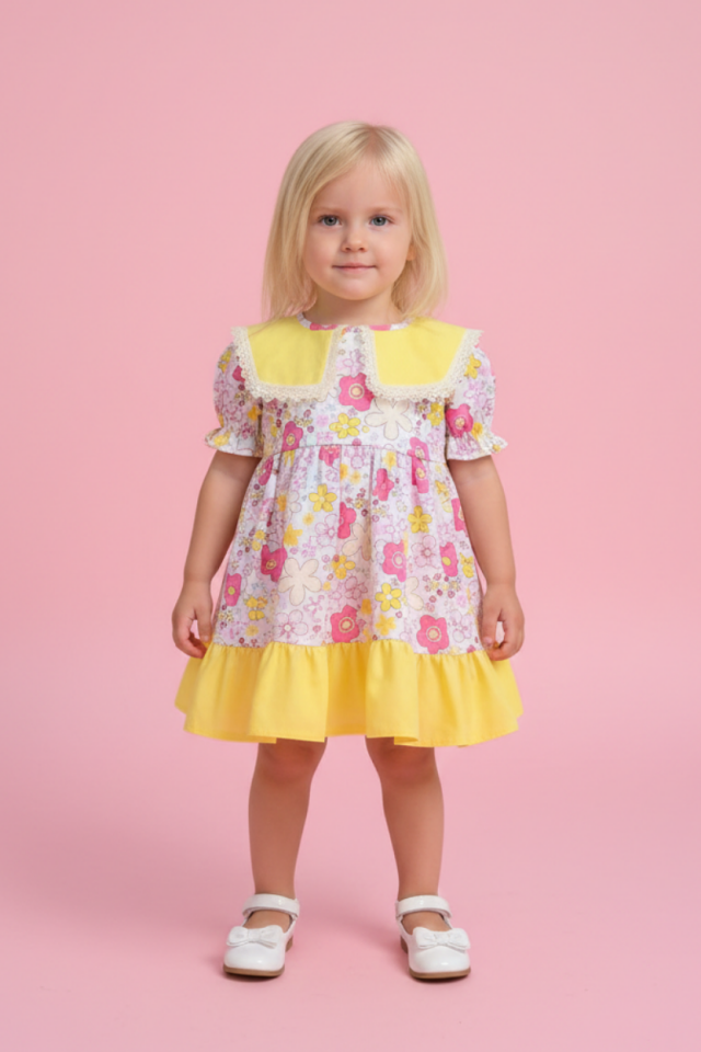 Dantel Detaylı Bahriye Yaka Çiçekli Renkli Sarı Kız Çocuk Bebek Elbise
