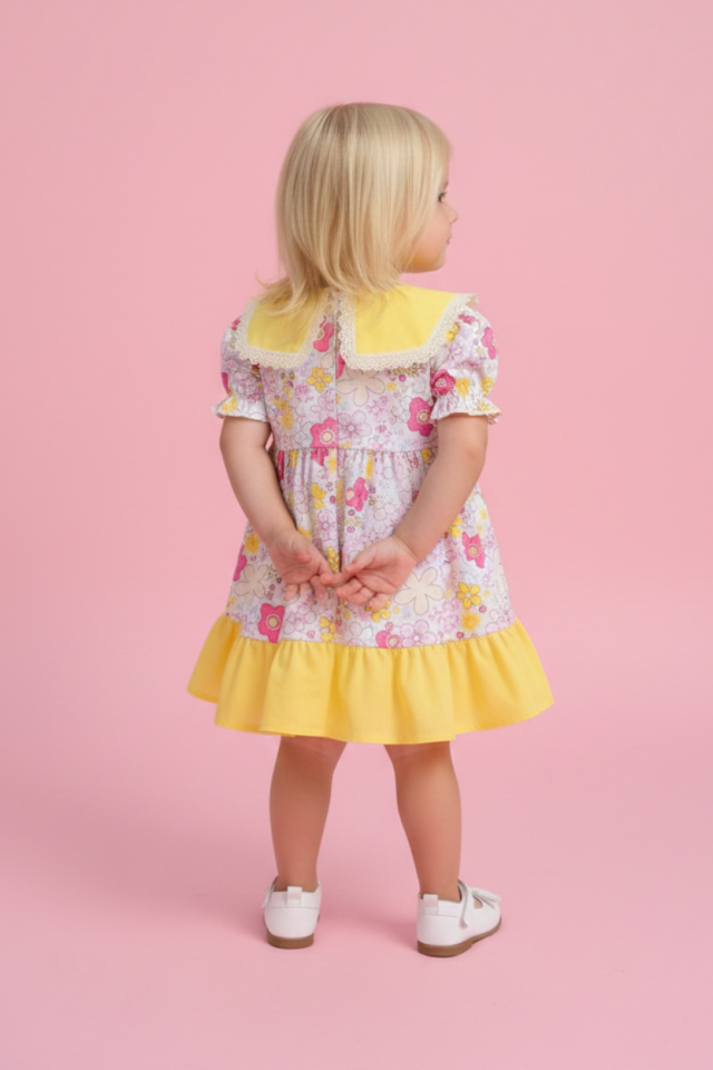 Dantel Detaylı Bahriye Yaka Çiçekli Renkli Sarı Kız Çocuk Bebek Elbise