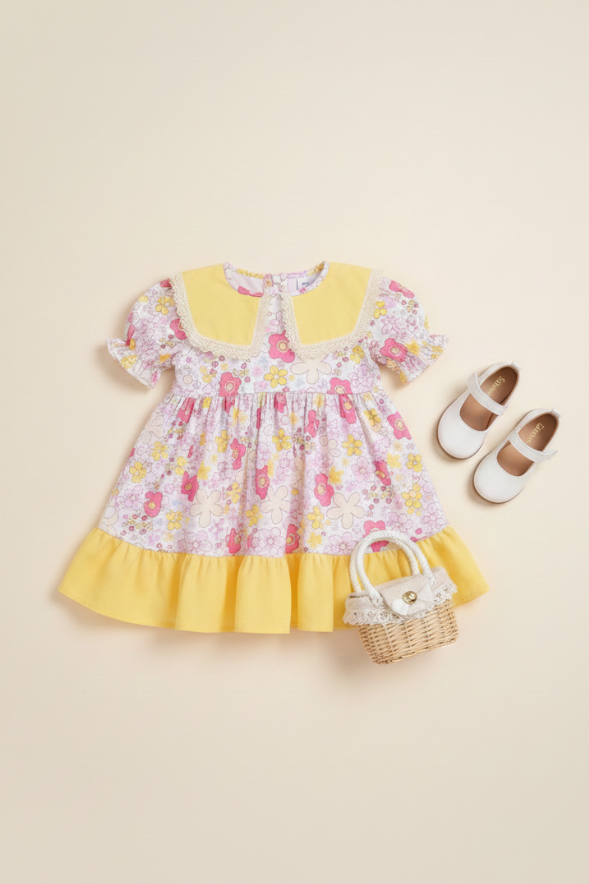 Dantel Detaylı Bahriye Yaka Çiçekli Renkli Sarı Kız Çocuk Bebek Elbise