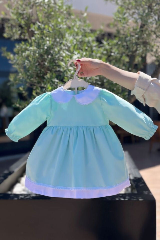 Dantel Detaylı Kız Çocuk Bebek Uzun Kol Bebe Yaka Elbiseler Ve Renk Seçenekleri