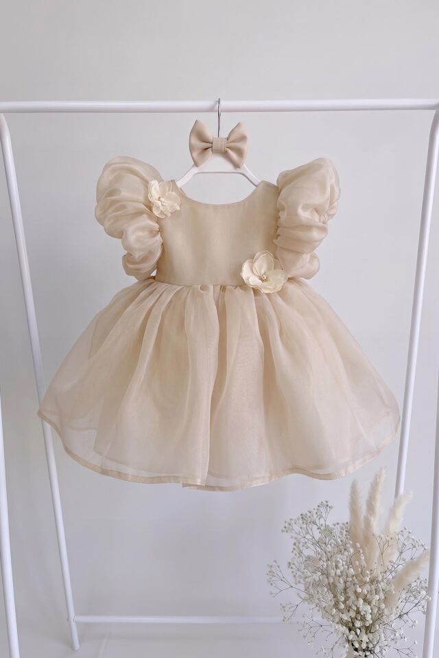 Bej Karolin Balon Kol Pamuk Astarlı Kız Bebek Çocuk Abiye Elbise