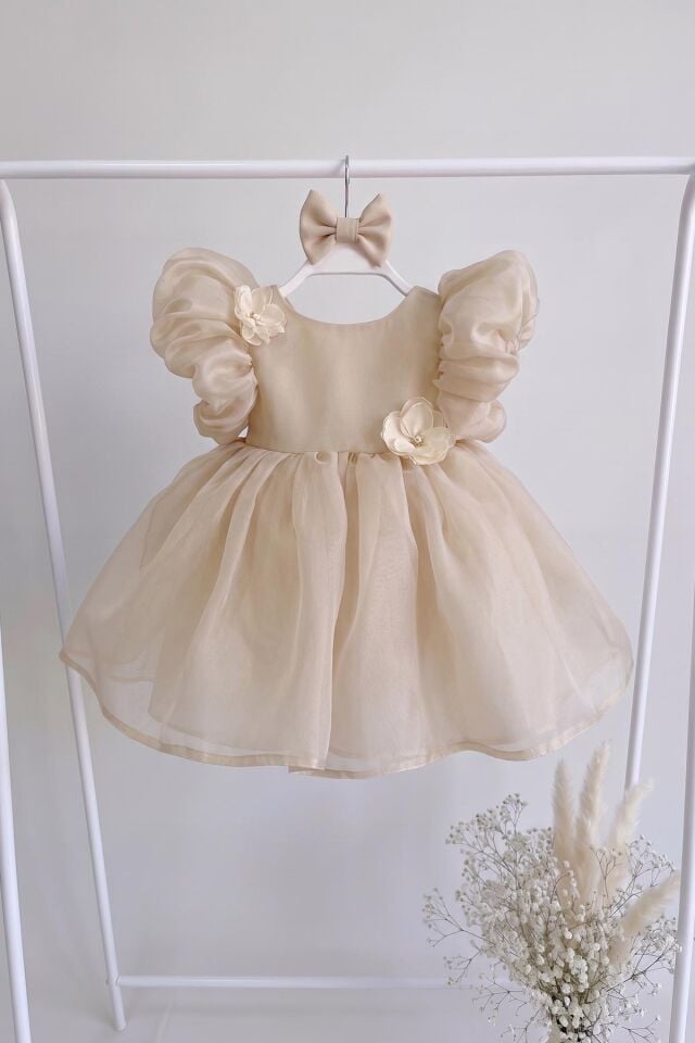 Bej Karolin Balon Kol Pamuk Astarlı Kız Bebek Çocuk Abiye Elbise