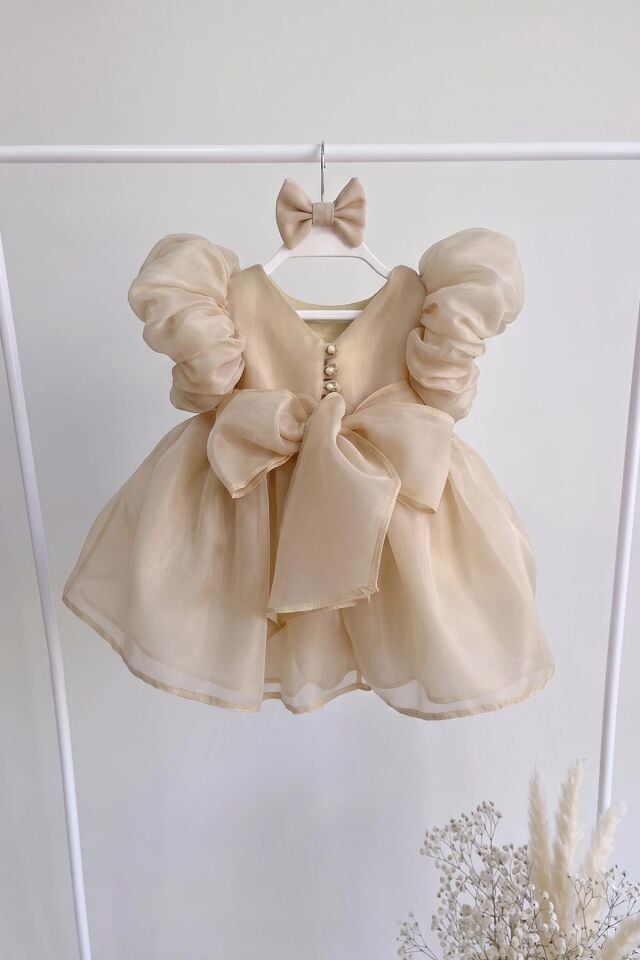 Bej Karolin Balon Kol Pamuk Astarlı Kız Bebek Çocuk Abiye Elbise