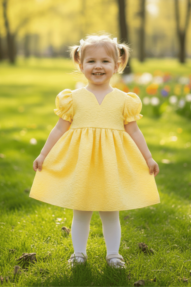 Gelbes Kleid aus Krepp mit Prägung und Muster für Babys