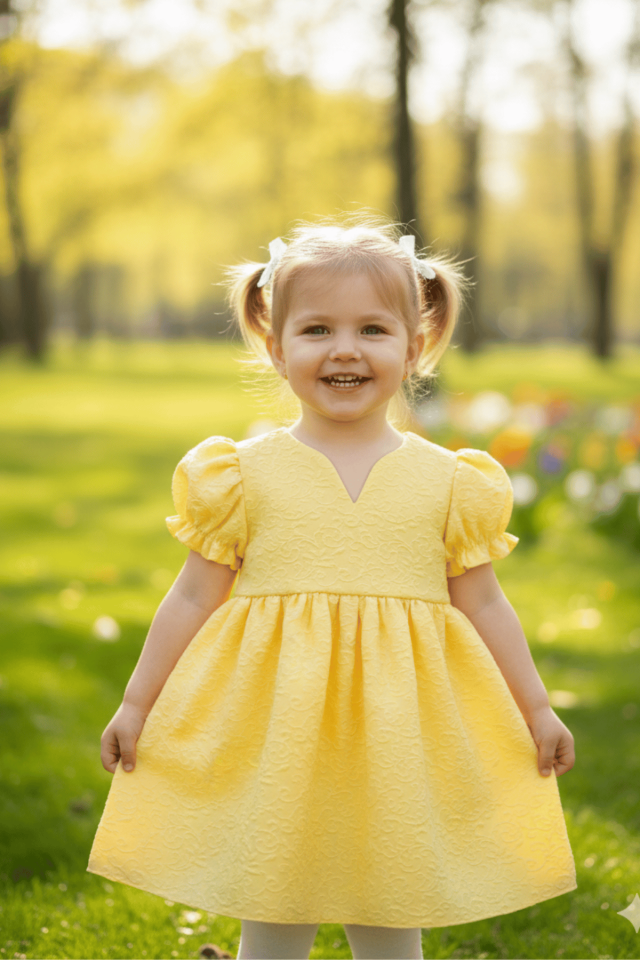 Gelbes Kleid aus Krepp mit Prägung und Muster für Babys