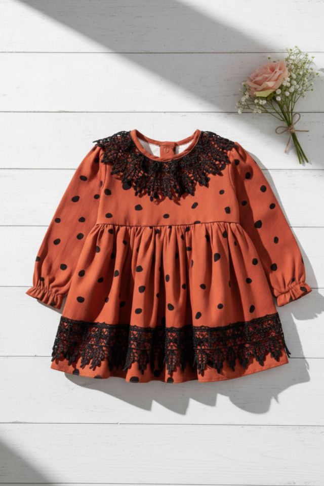 Ziegelrotes Baby-Baumwollkleid mit gepunktetem Spitzenmuster für Mädchen