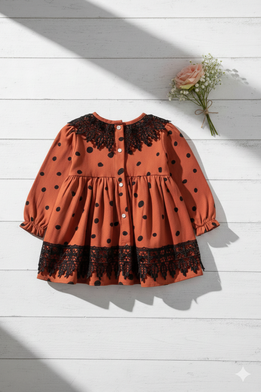 Ziegelrotes Baby-Baumwollkleid mit gepunktetem Spitzenmuster für Mädchen