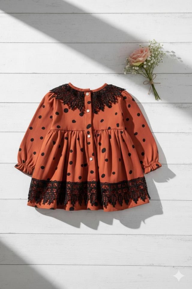 Ziegelrotes Baby-Baumwollkleid mit gepunktetem Spitzenmuster für Mädchen
