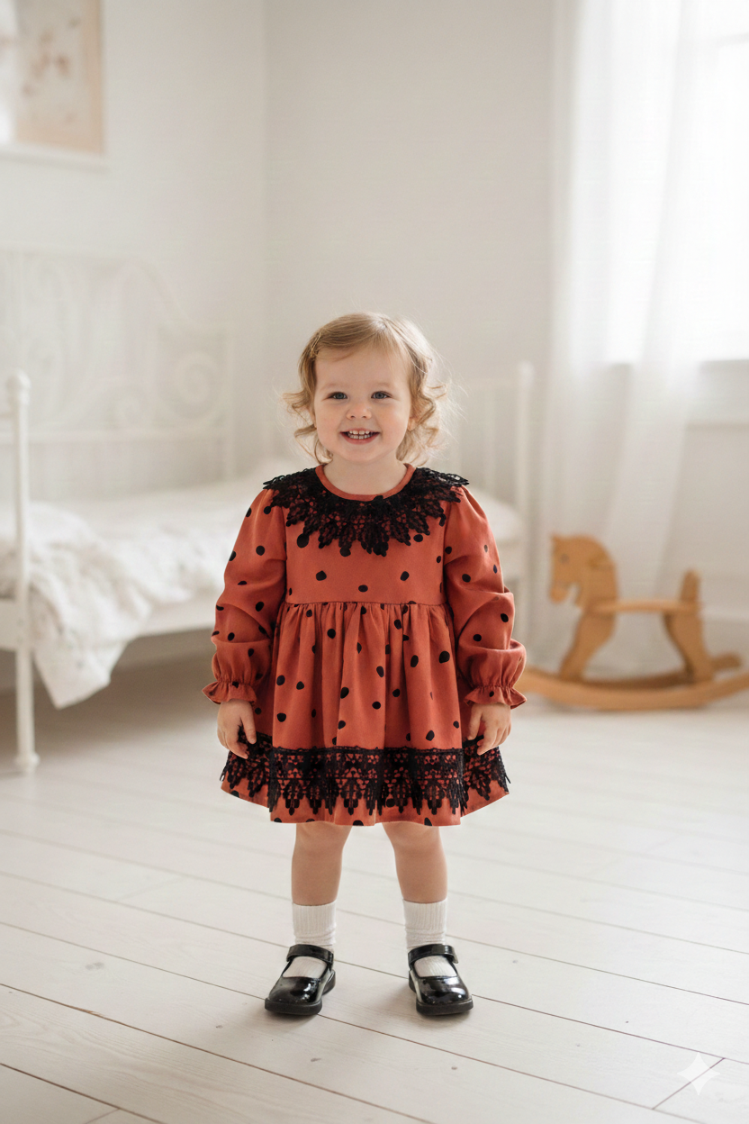 Ziegelrotes Baby-Baumwollkleid mit gepunktetem Spitzenmuster für Mädchen