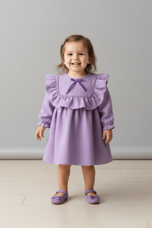 Lila Babykleid aus Crêpe-Design für Mädchen mit Rüschen und Schleifen