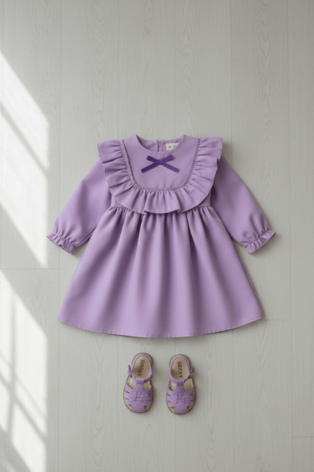 Lila Babykleid aus Crêpe-Design für Mädchen mit Rüschen und Schleifen