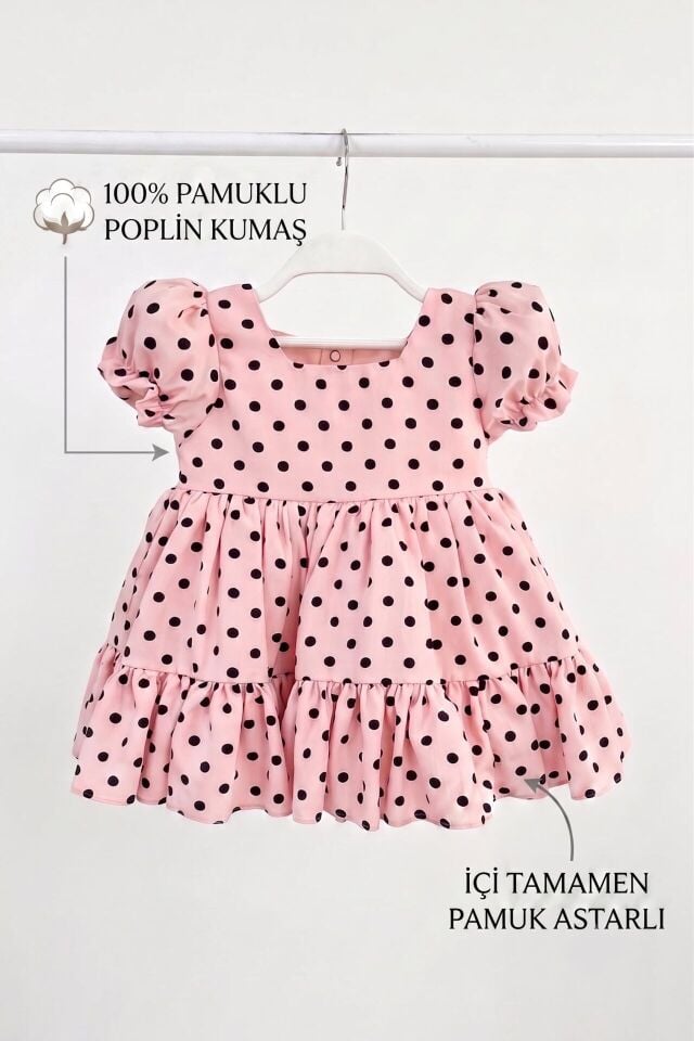 Puantiyeli Fiyonk Detaylı Pembe Günlük Kız Bebek Elbisesi