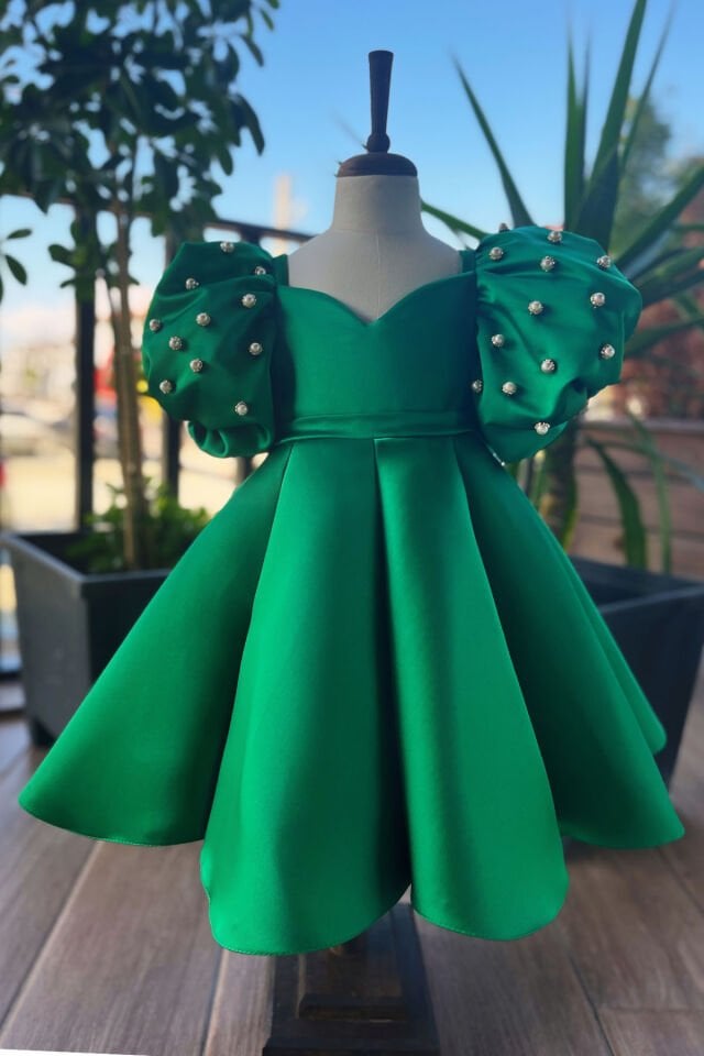 Green Shiny Satin Pearl Sleeves Sweetheart Neck Evening Dress Girl Baby Emerald Dress