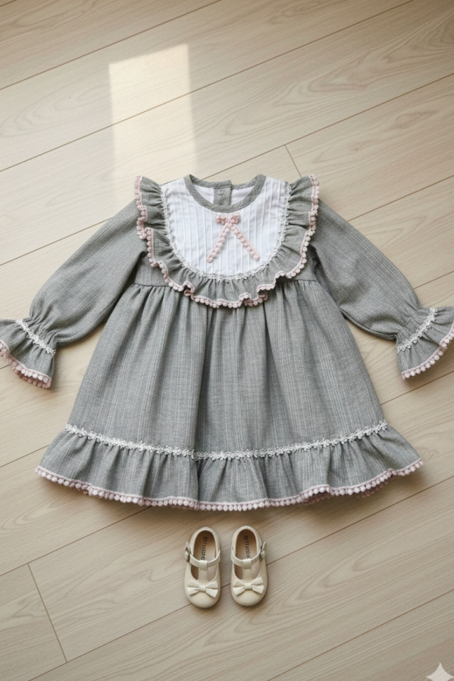 Nervür Ve Fırfır Detaylı Kız Bebek Çocuk Gri Pembe Elbise