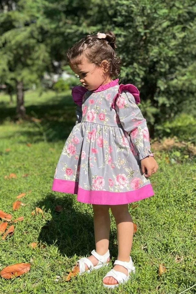 Fırfırlı Gül Desenli Kız Çocuk Bebek Gri Pembe Elbise