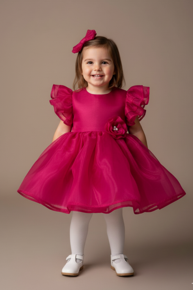 Fuşya Fırfırlı Fiyonklu İncili Kız Çocuk Bebek Abiye Elbise