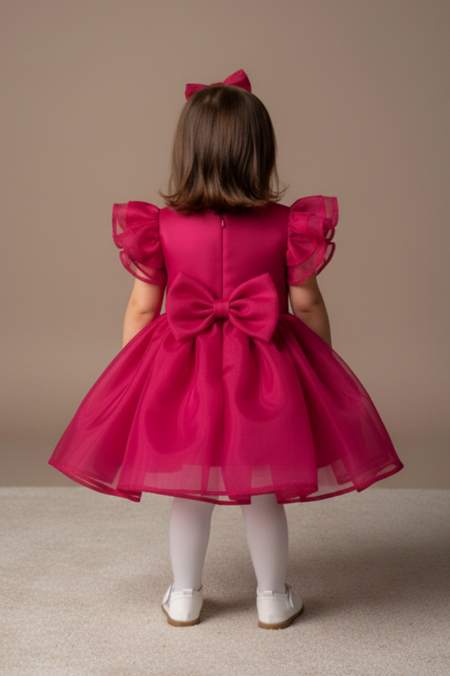 Fuşya Fırfırlı Fiyonklu İncili Kız Çocuk Bebek Abiye Elbise