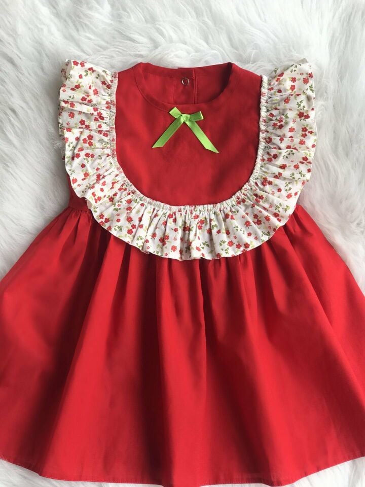 Fırfır Detaylı Kolsuz Çiçekli Kırmızı Kız Çocuk Bebek Elbise