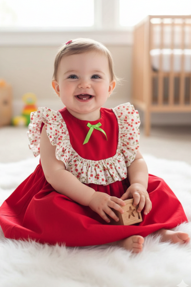 Sleeveless Floral Red Girl Baby Dress with Ruffle Detail