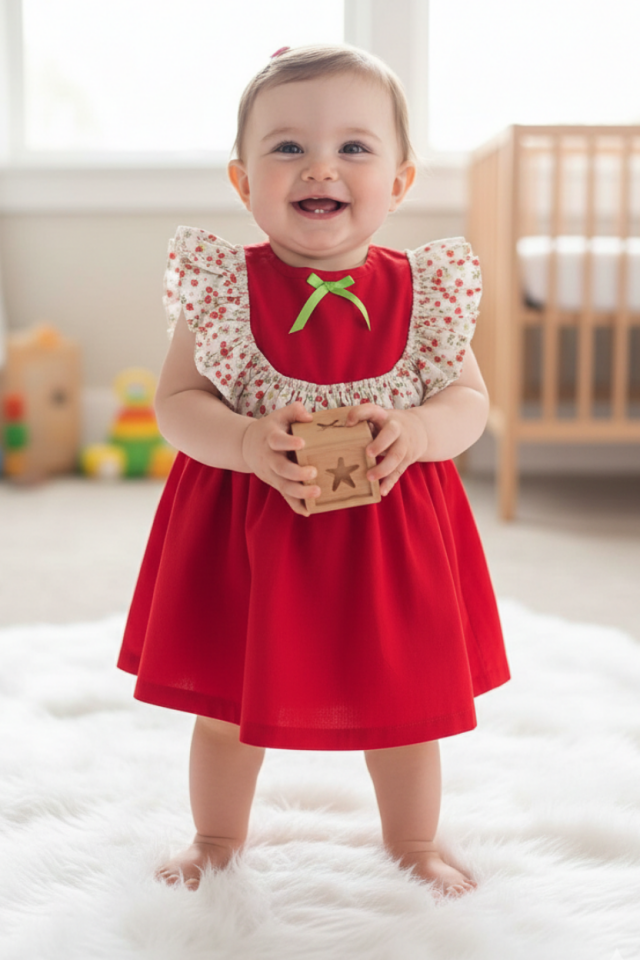 Sleeveless Floral Red Girl Baby Dress with Ruffle Detail
