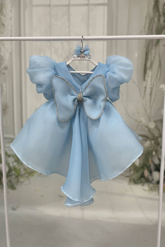 Bebe Mavi Balon Kol Nakış ve Boncuk İşlemeli Kuyruklu Fiyonk Detaylı Abiye Elbise