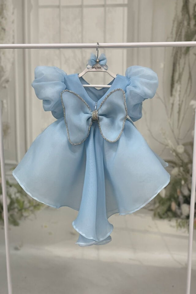 Bebe Mavi Balon Kol Nakış ve Boncuk İşlemeli Kuyruklu Fiyonk Detaylı Abiye Elbise