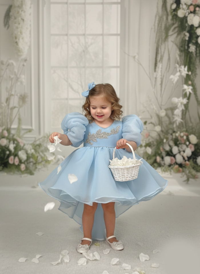 Bebe Mavi Balon Kol Nakış ve Boncuk İşlemeli Kuyruklu Fiyonk Detaylı Abiye Elbise